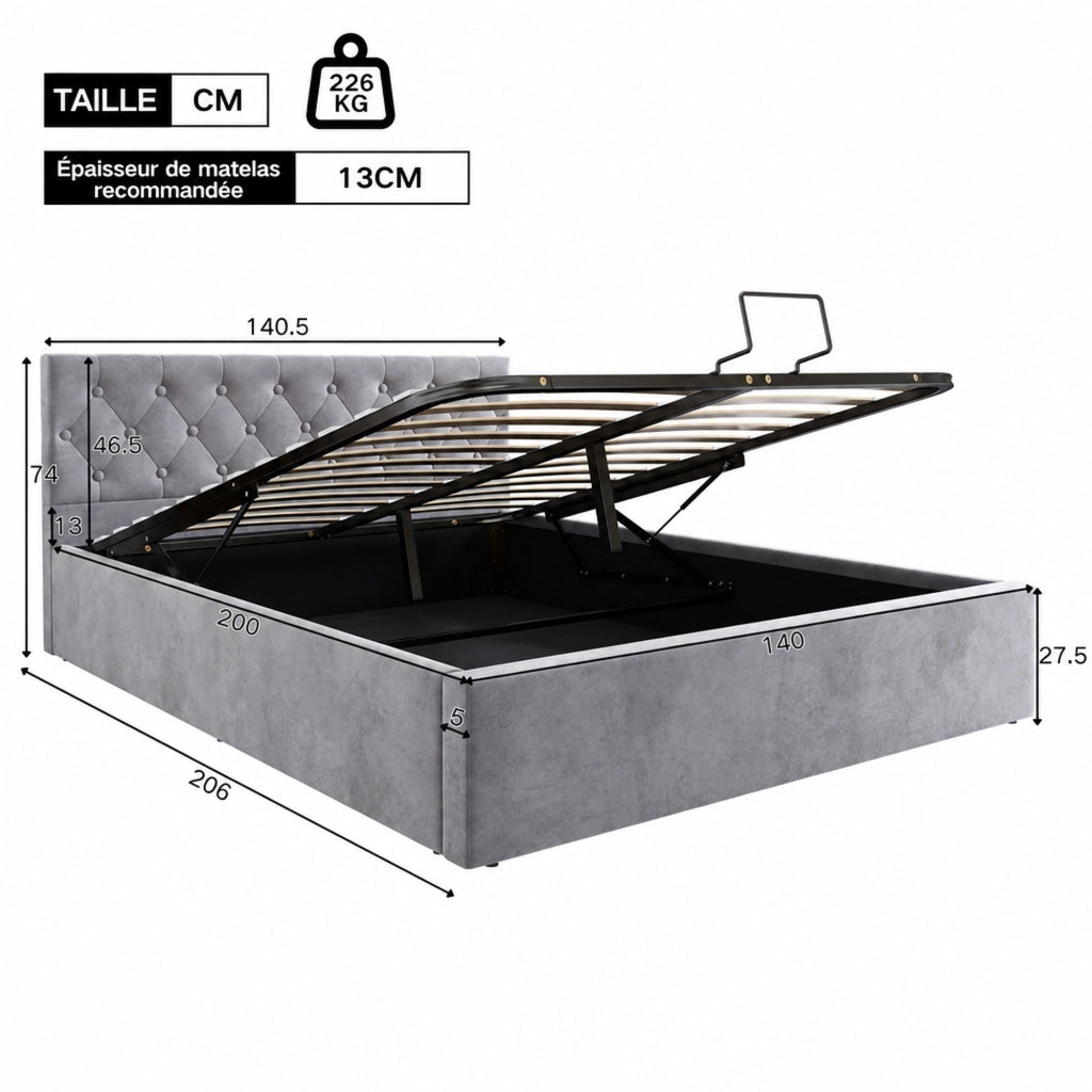 DESMIU Letto contenitore 140 × 200 cm 2 posti con contenitore idraulico, senza materasso, in velluto, grigio