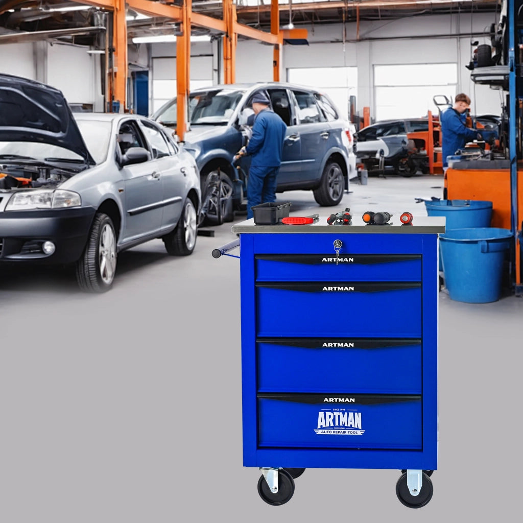 Carrello porta attrezzi con 4 cassetti e ruote piroettanti per garage e officina in acciaio nero e blu 62.5 × 34.5 × 78 cm
