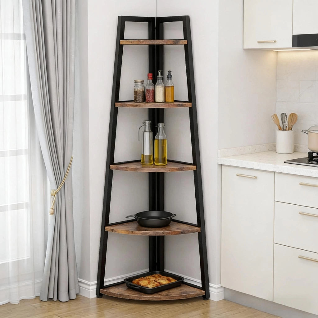 Scaffale angolare a 5 ripiani in metallo e legno, nero o marrone rustico