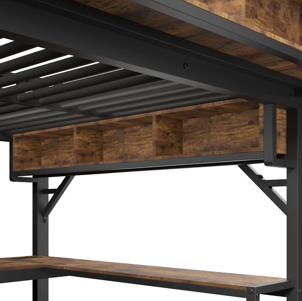 Hochbett 140x200 cm vintage marrone nero con scrivania angolare; LED; prese USB e contenitore