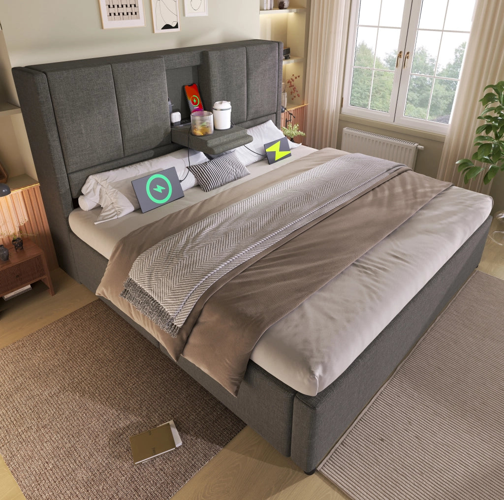Letto matrimoniale imbottito 140x200 cm in lino grigio con contenitore; USB e portabicchieri