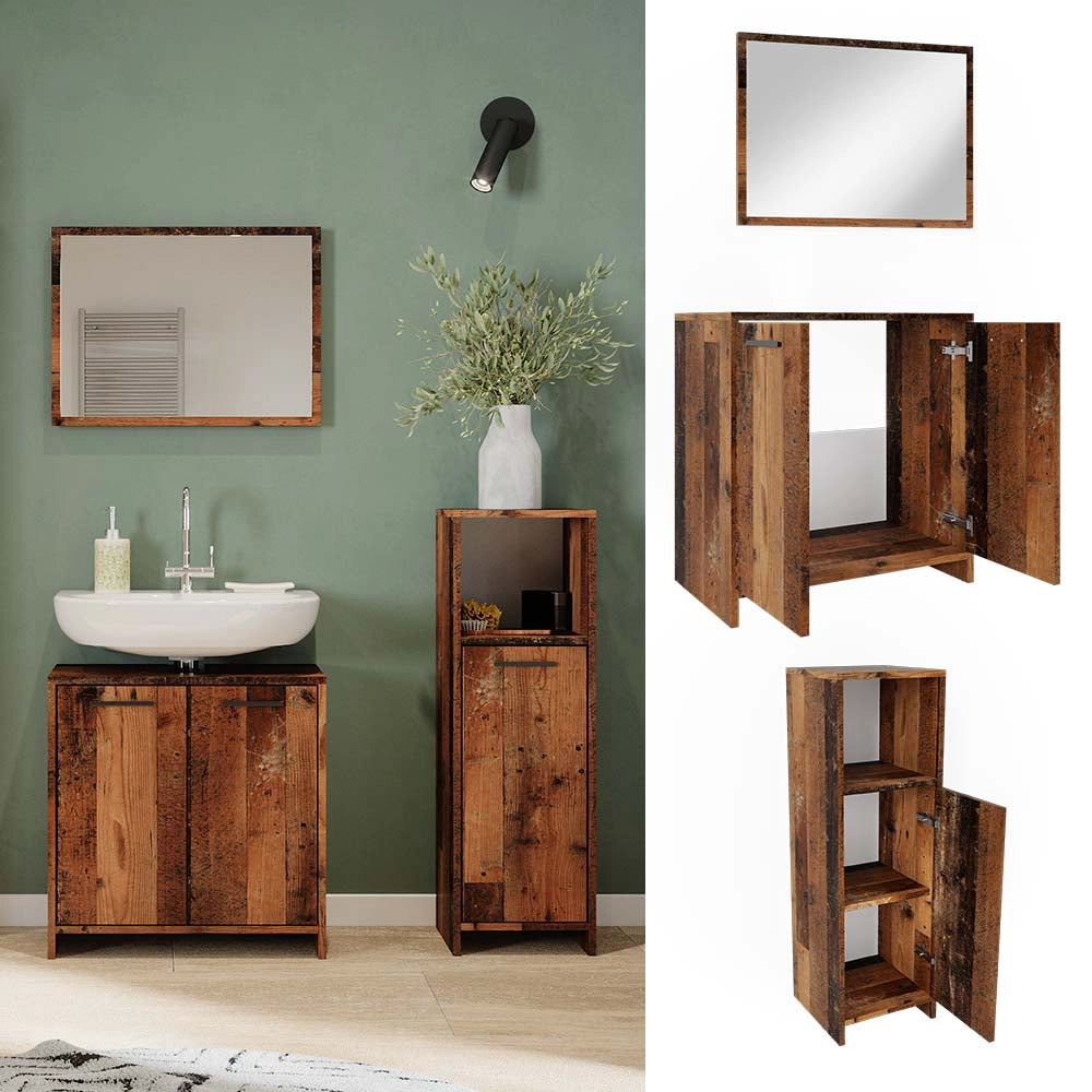 Vicco Set mobili bagno Rovere rustico 3 parti, con armadio midi