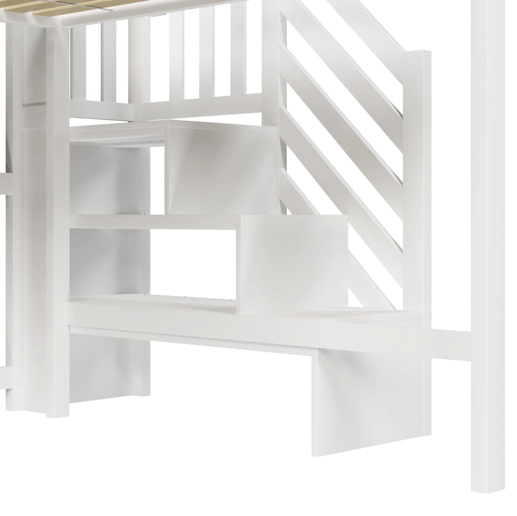 Letto a soppalco ULEVR 140x200 cm con LED, scala con contenitore e vani aperti, bianco