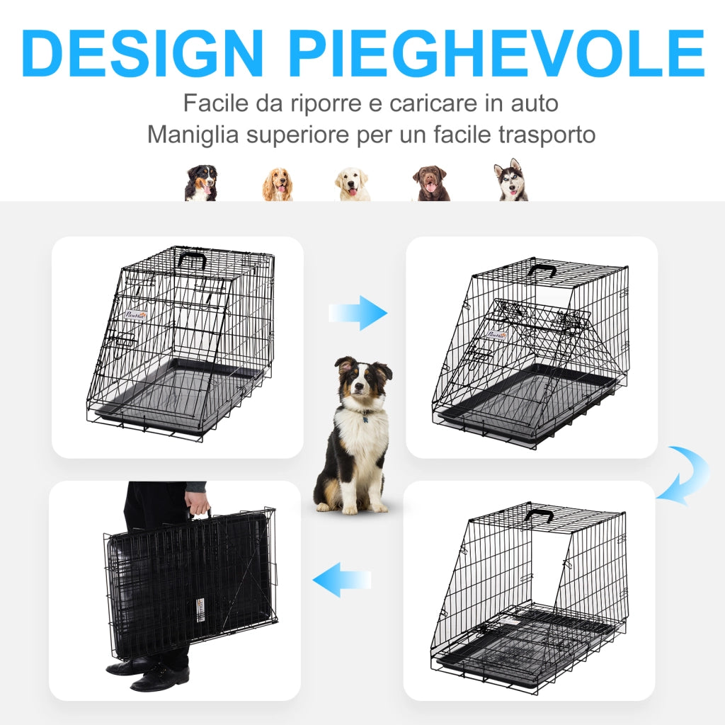 Easycomfort Trasportino per Cani in Metallo e PP, Gabbia per Cani a Trapezio per Auto con Maniglia, 77x47x55cm Nero