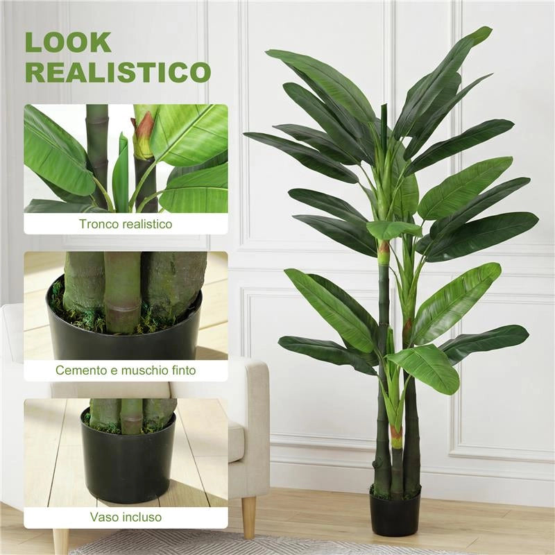 ALBERO DI BANANO ARTIFICIALE PIANTA FINTA CON 18 FOGLIE, 180 CM, VERDE