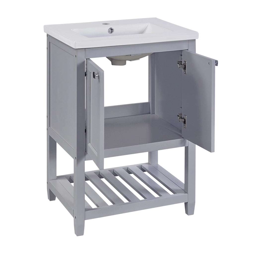 Mobile sottolavabo da bagno con lavabo in ceramica, 1 vano aperto, per bagno, in legno massello e MDF, grigio