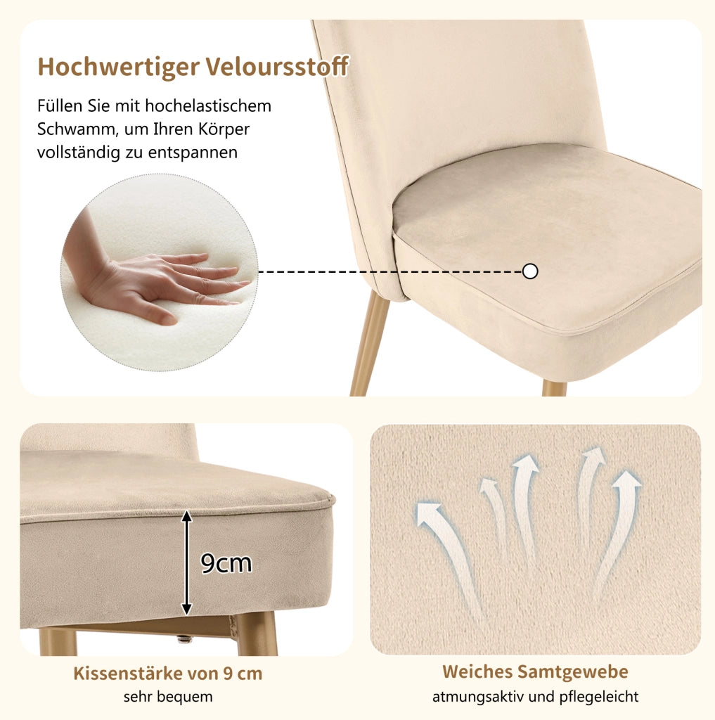 Sedia da pranzo in velluto beige con gambe dorate