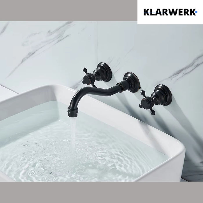 JULIAN | Rubinetto da bagno vintage a 3 fori a parete nero opaco | in acciaio inossidabile retrò da cucina | Antico miscelatore a parete a 2 maniglie