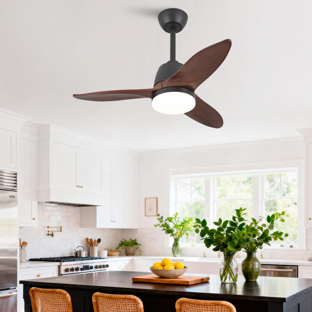 Ventilatore da soffitto nero con luce LED a 3 tonalità, pale in legno e motore DC reversibile per soggiorno