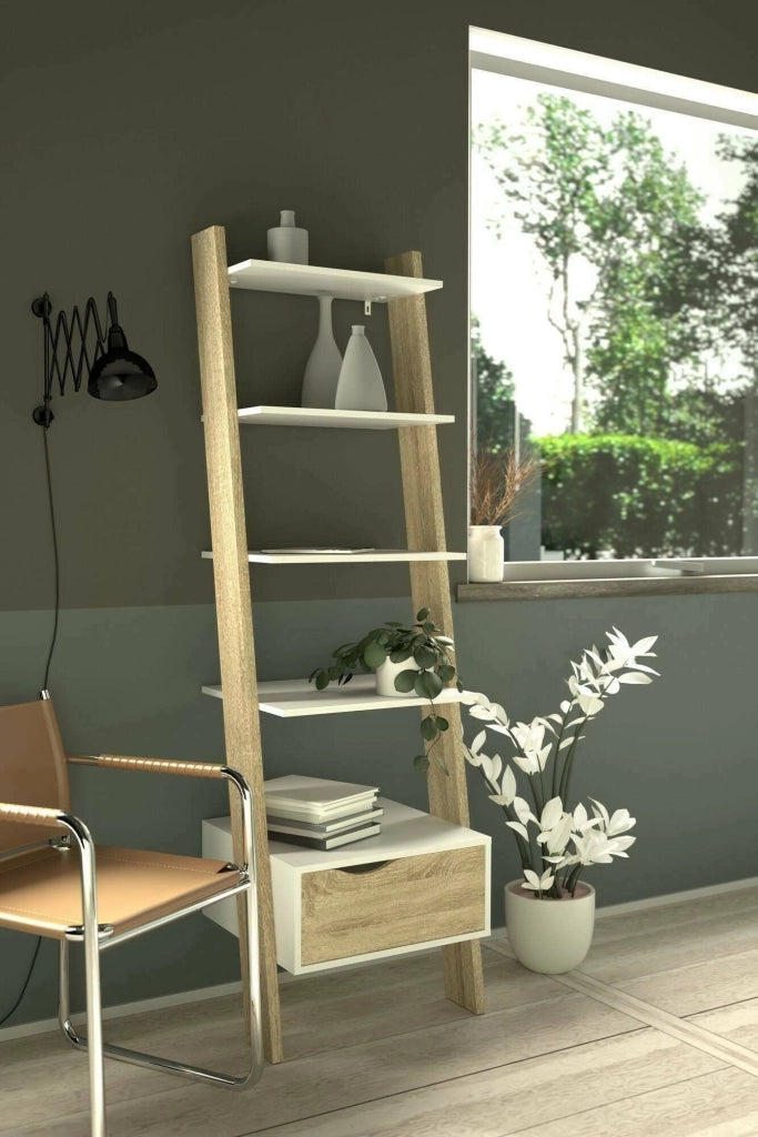 Libreria con un cassetto e quattro Acascia, colore bianco e rovere, cm 55 x 180 x 48.