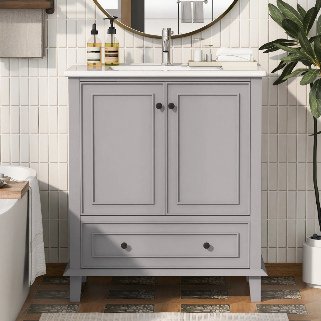 Armadietto da bagno con lavabo in ceramica, 2 ante e 1 cassetto, per bagno, in MDF e ceramica, grigio, 76 × 46 × 87 cm