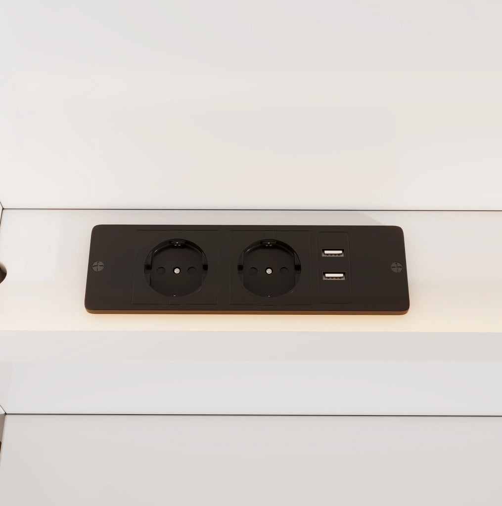 Letto matrimoniale 180x200 cm in MDF bianco con USB; LED APP; 2 comodini e cassetti