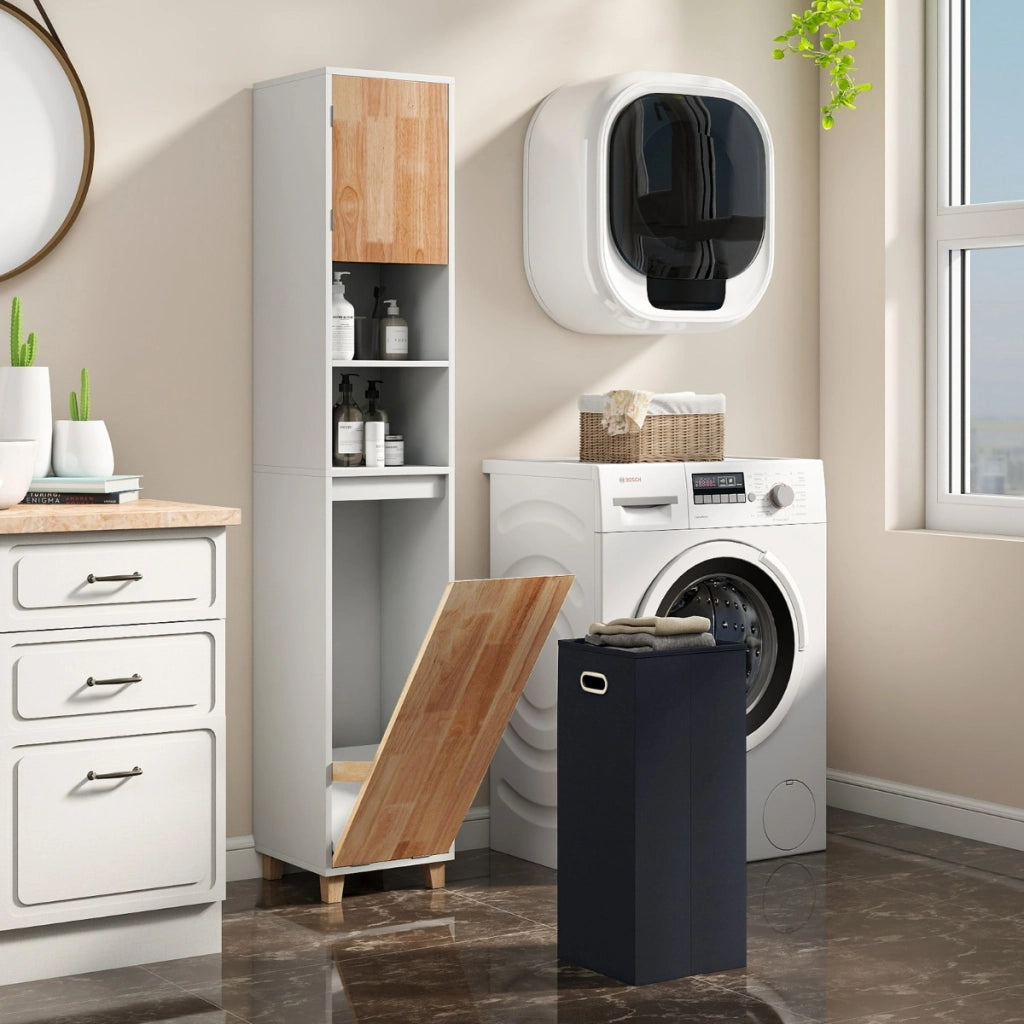 Armadio per biancheria con 3 ripiani e cesta porta biancheria rimovibile-Mobiletto da bagno Unit¨¤ alta per bagno con ante in legno in gomma