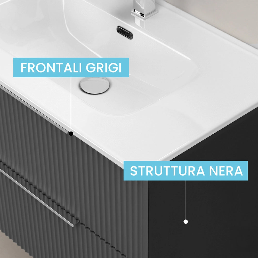 Mobile bagno sospeso 100 cm bicolore grigio cannettato e nero con lavabo e specchio Zena