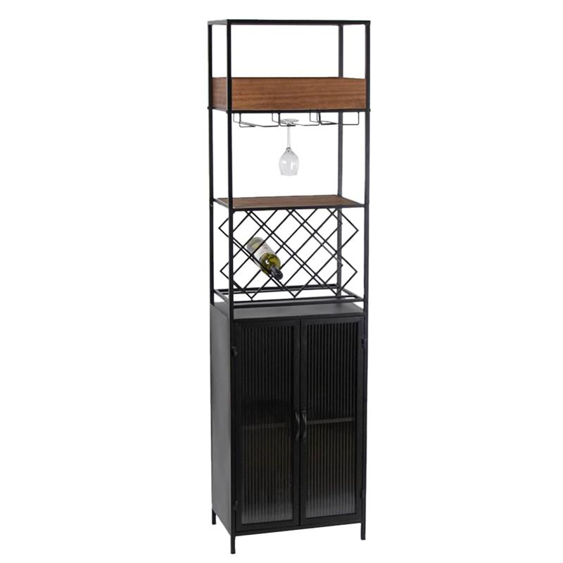 MOBILE PORTABOTTIGLIE IN LEGNO E METALLO CON PORTABOTTIGLIE E PORTA BICCHIERI H 181X35X49.5 CM COLOR NERO E LEGNO