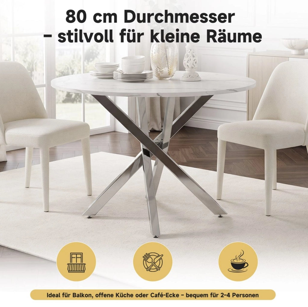 Tavolo rotondo 80 cm in MDF effetto marmo; gambe cromate argento; bianco e argento