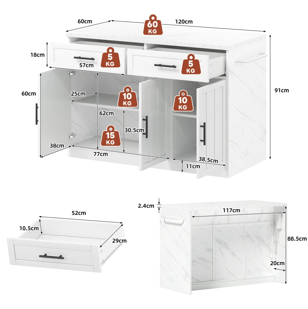 Isola cucina con piano bar 120 x 60 x 91 cm; bianco in MDF con prese e USB