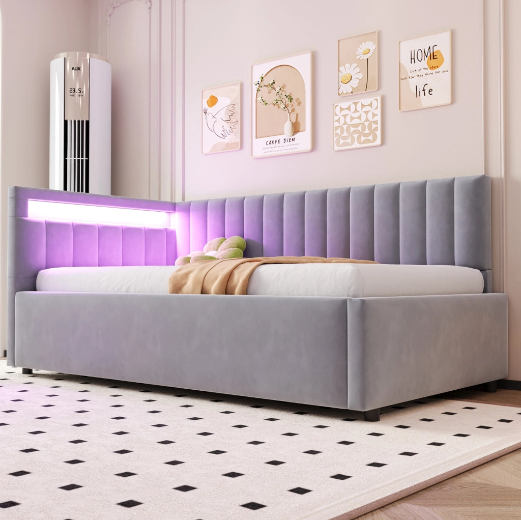 Divano letto 90x200 cm con LED e vano contenitore idraulico; in velluto grigio (Senza materasso)