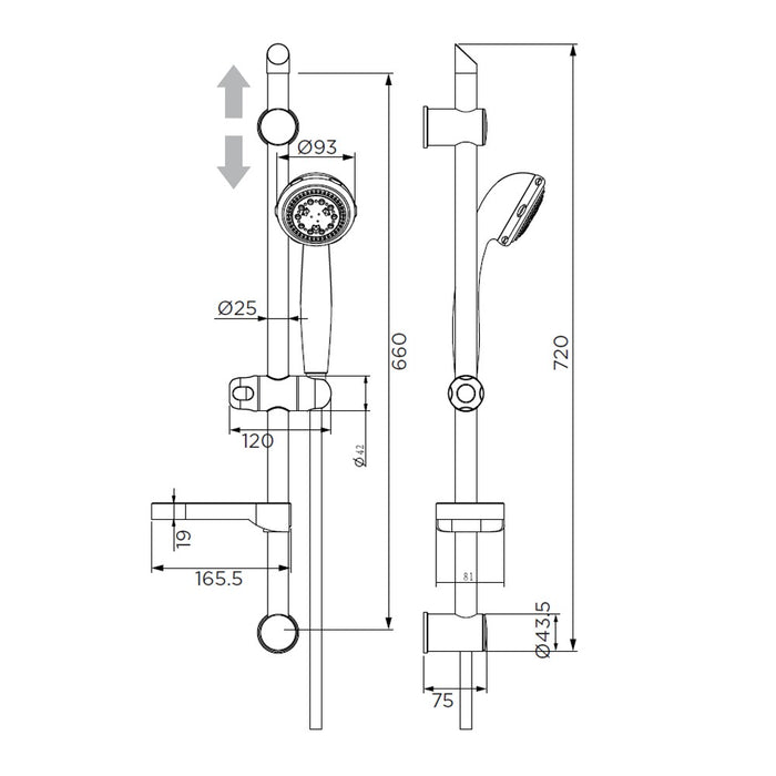 Saliscendi serie regolo cromato a 8 getti, cromato
