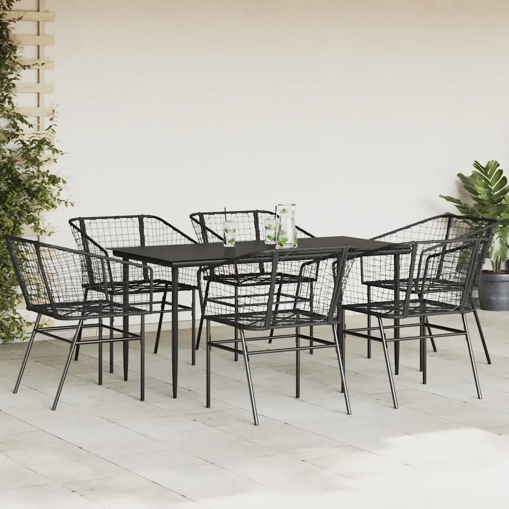 Set Pranzo da Giardino 7 pz | Set Salotto da Giardino Nero Polyrattan Vetro