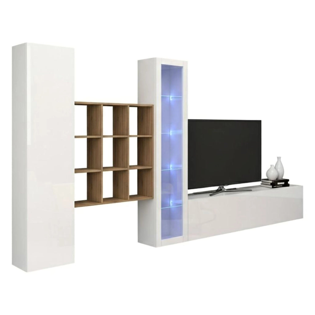 Mobile Soggiorno Arizzano, Parete Attrezzata 18 Ripiani Made in Italy, 310x30x180h cm Bianco Lucido