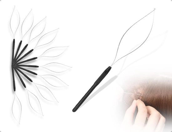 Kit per arricciacapelli ergonomico a 10 pezzi - Disegno ergonomico - Anelli neri - Estensioni capelliere - Materiale plastico/acciaio inossidabile - Lunghezza 213 mm - Strumento per estensioni capelliere