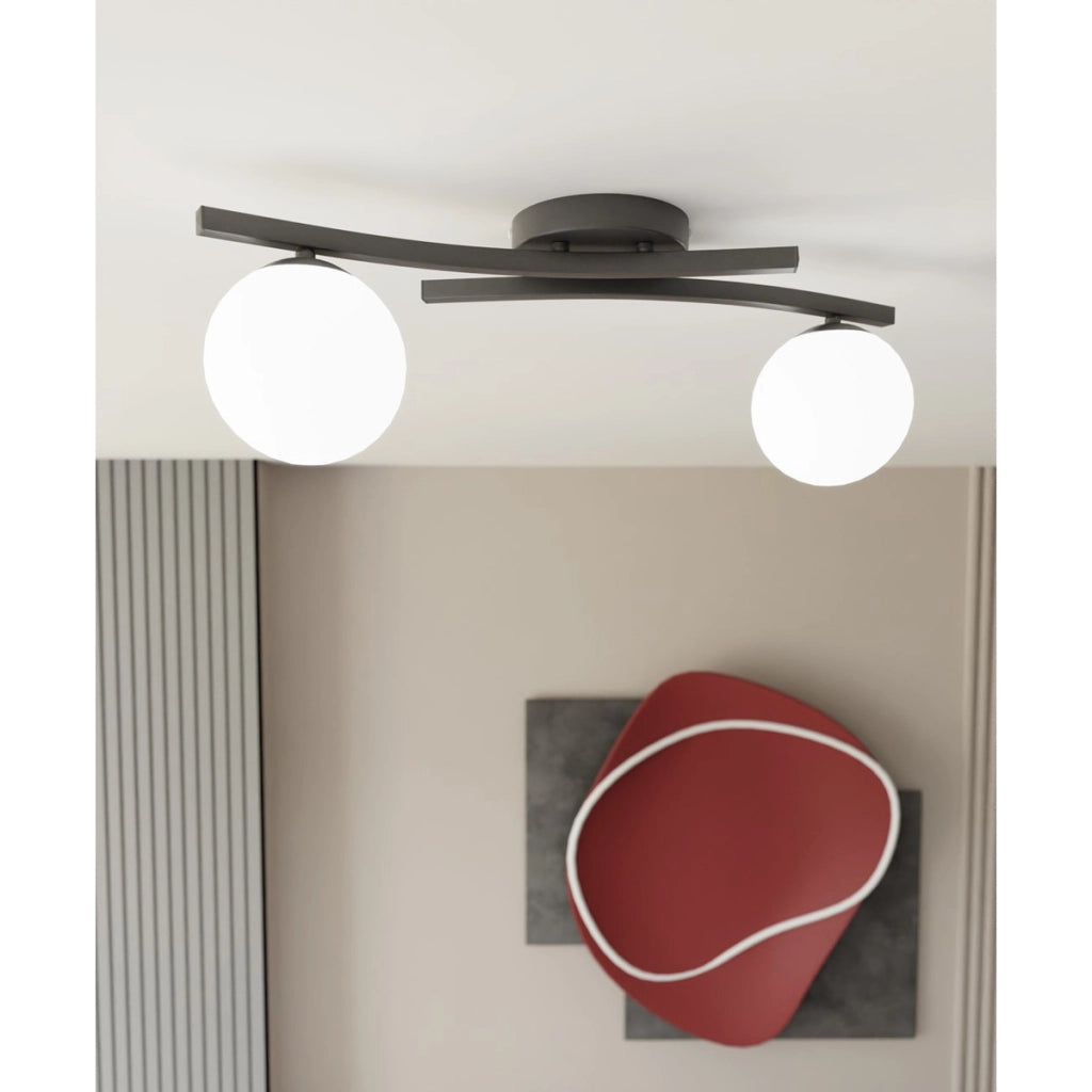 Lampada a sospensione Opus in acciaio nero e vetro opalino