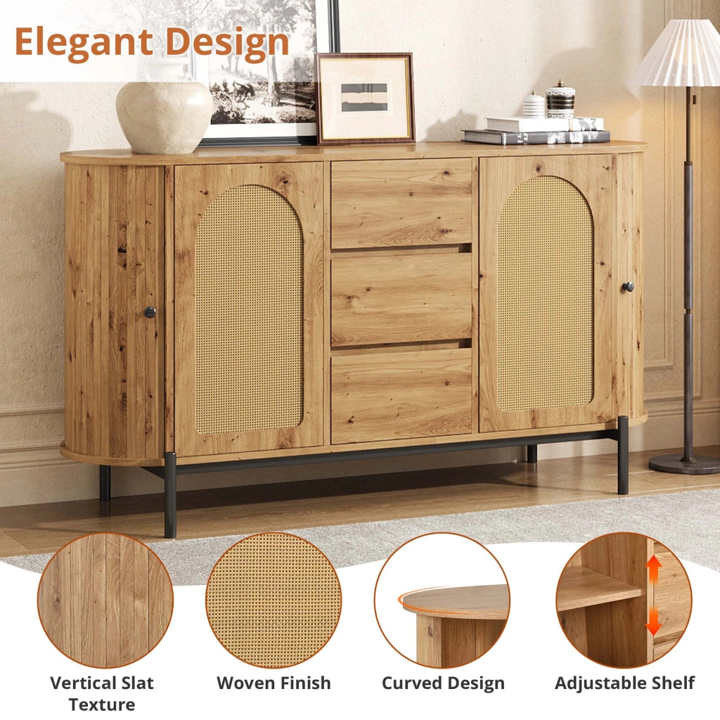 Credenza e madia ovale con ante scorrevoli, 3 cassetti e ripiani regolabili, in MDF e rattan, naturale, 140 × 38 × 77,5 cm