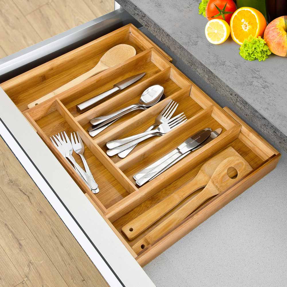 Portaposate Estensibile da Cassetto Cucina Porta Posate in Legno Bambù 37x31cm