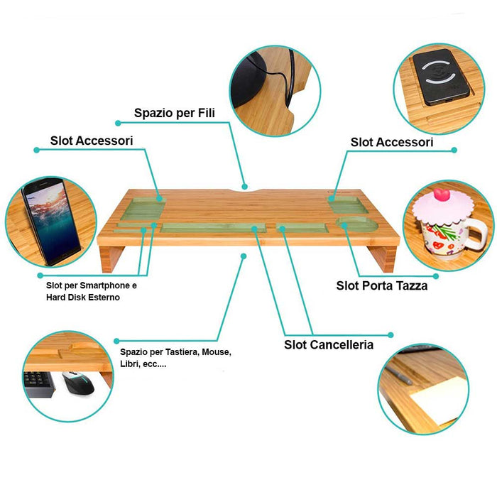 Mobiletto per Ufficio Rialzo Monitor TV PC Portatile Organizer Scrivania 60x30 H8cm