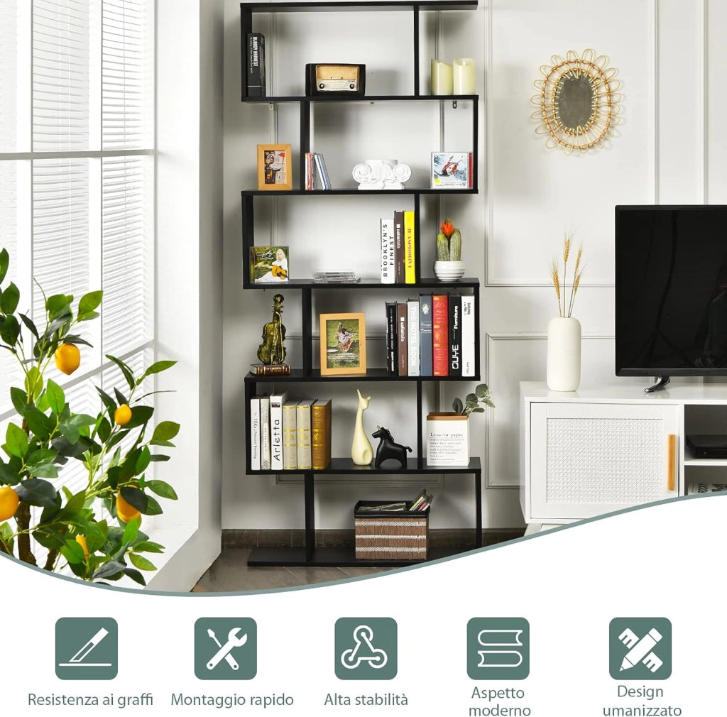 Libreria in Legno Scaffale Multifunzionale a 6 Ripiani per Piante e Libri per Ufficio Casa Ripiano a Forma di S, 80 x 23 x 192 cm (Nero)