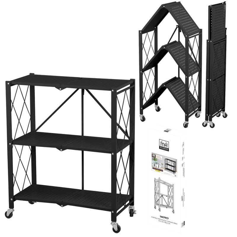 MA MAISON SCAFFALE PIEGHEVOLE 3 RIPIANI IN COLORE NERO CON ROTELLE PER SPOSTAMENTO RICHIUDIBILE E RIPONIBILE 72X34X88,5H CM