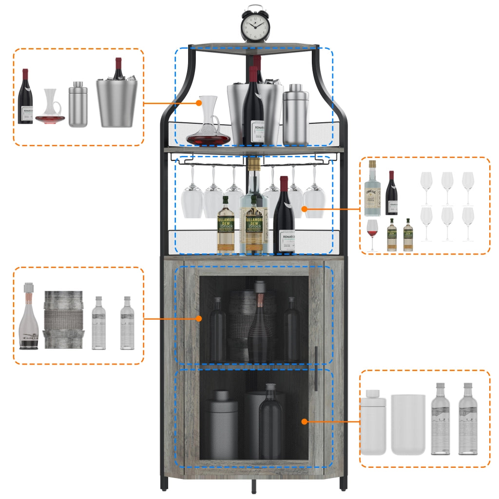 Mobile Bar Angolare Portabottiglie Grigio in Metallo e MDF, 154cm