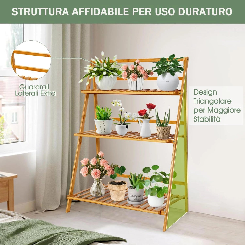 Scaffale Porta Piante Pieghevole in Bambù, Scaffale a Scala per Piante e Fiori con 3 Ripiani, Portapiante da Interno ed Esterno, Ideale per Terrazza, Giardino, Balcone e Portico