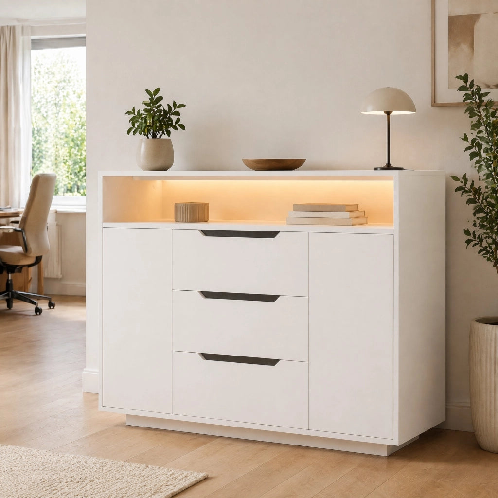 Credenza moderna bianca con ripiani aperti, 3 cassetti e vani con ante, con luce LED integrata