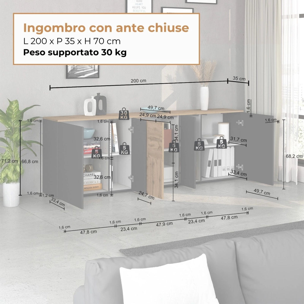 WHOUS Credenza sospesa Iseo con 5 ante e 10 scomparti interni antracite opaco e rovere 200x35x70 cm