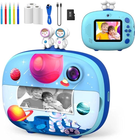 Fotocamera per Bambini - Fotocamera Digitale Instantanea con Risoluzione 1080p, Schermo da 2,4 Pollici, Zoom Digitale 10x, Carta di Memoria da 32GB, 3 Rulli di Carta per Stampare le Foto, 5 Pennarelli Colorati