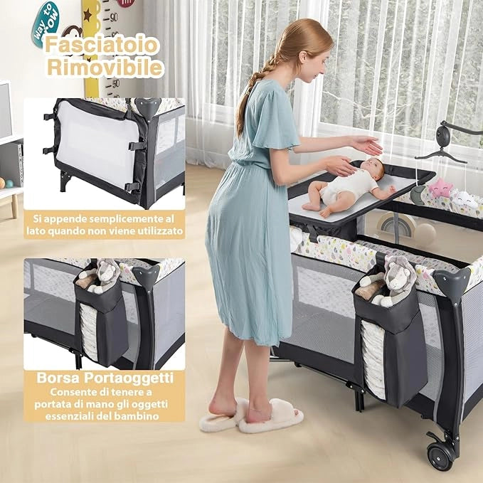 3 in 1 Lettino da Viaggio per Neonati, Lettino da Campeggio Portatile per Bambini con Culla e Fasciatoio Rimovibile, Materasso Rimovibile, per Bambini 0-36 Mesi (Colorato)