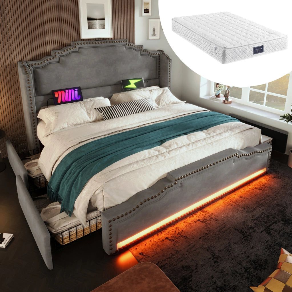 Letto 140x200 grigio con LED, USB-C, 4 cassetti e materasso