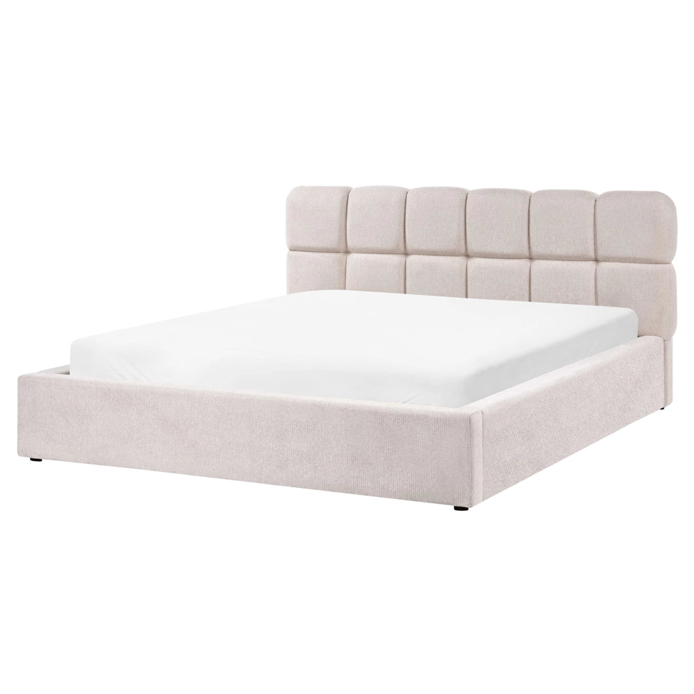 Letto 160 x 200 cm in tessuto beige chiaro, struttura imbottita, testiera con motivo a biscotto e contenitore