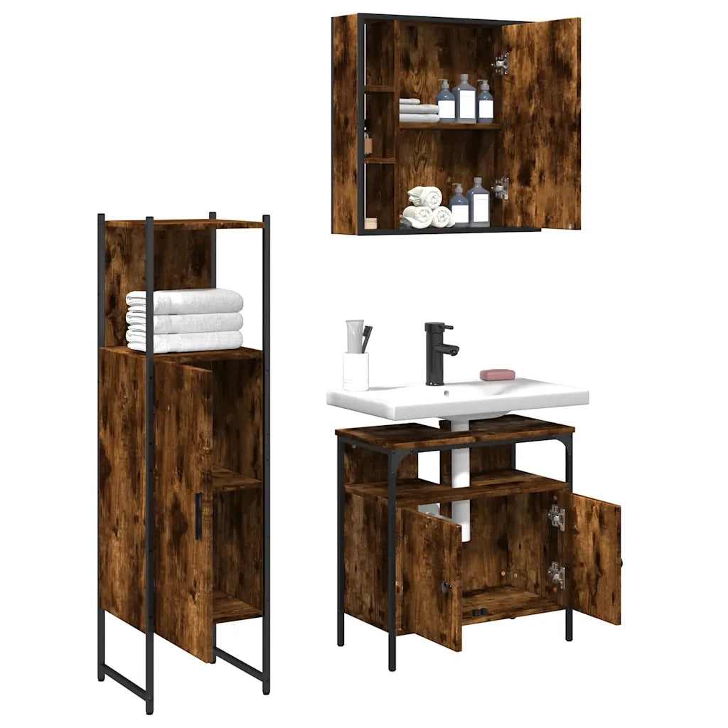 Set Mobili da Bagno 3 pz Rovere Fumo in Legno Multistrato 3214757