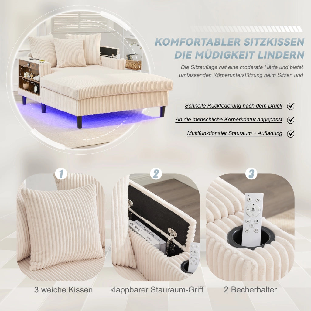 Chaise longue con vano portaoggetti USB LED portabicchieri e cuscini in velluto a coste beige 129 × 170 × 70 cm