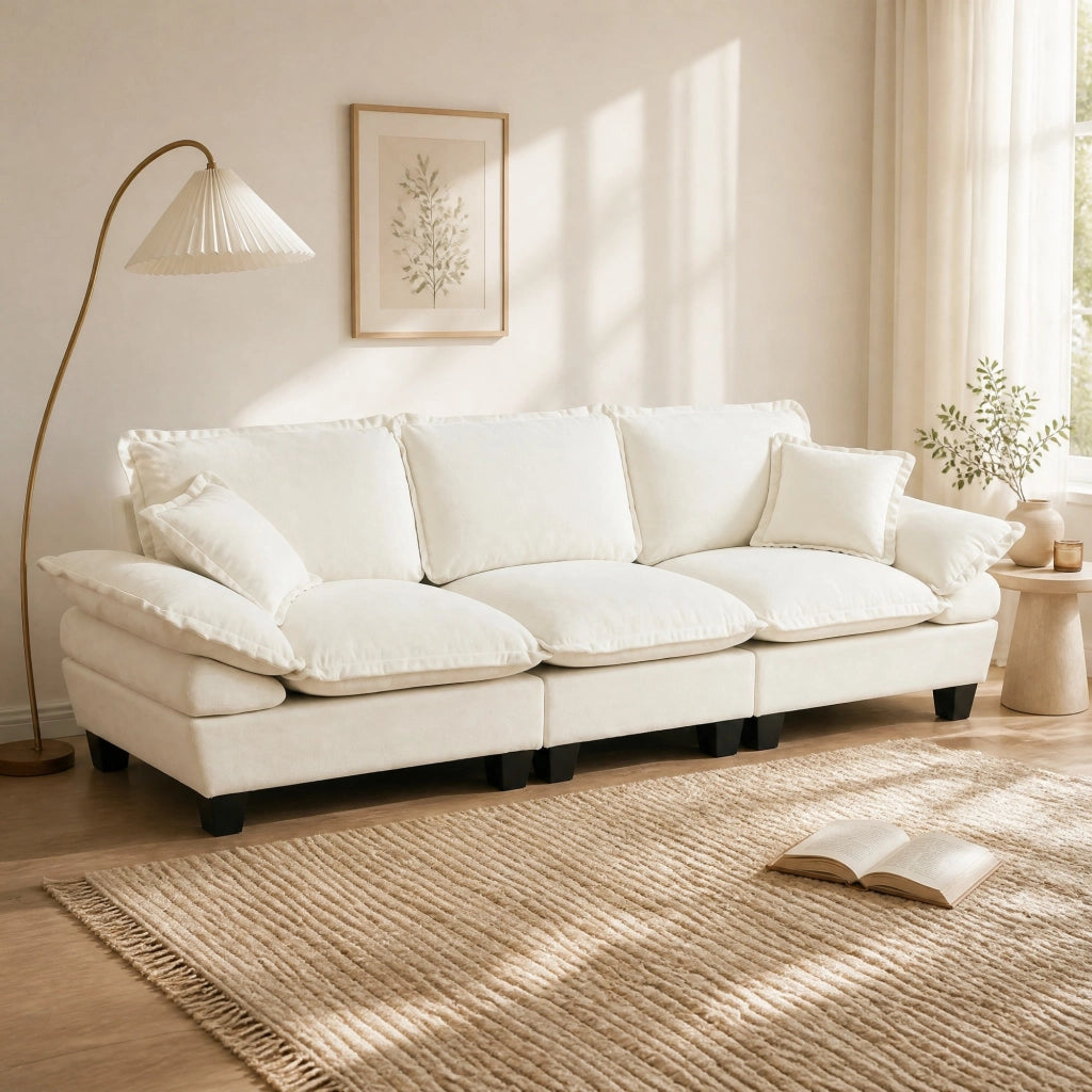 Divano dritto 3 posti con braccioli curvi e schienale imbottito, per soggiorno, in Chenille, Beige