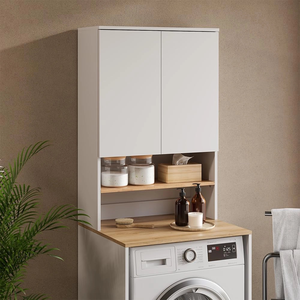 Mobile lavatrice Viktor, Bianco/Artisan, 68 x 100.4 cm, per riporre risparmiando spazio sopra la lavatrice