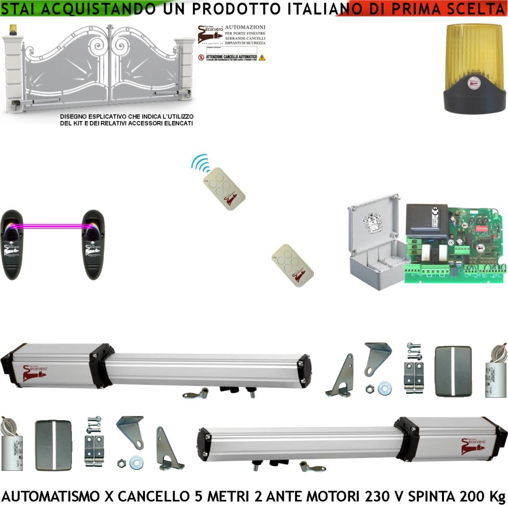 Automazione Cancello 5 Metri 2 Ante da 2,5 MT Kit Base 2 Motori Elettromeccanici 230 V Corsa 400 mm Spinta 2 Q.li Kit Staffe 2 Radiocomandi 1 Coppia Fotocellule Faro 2 Chiavi Sblocco Cartello Monitore