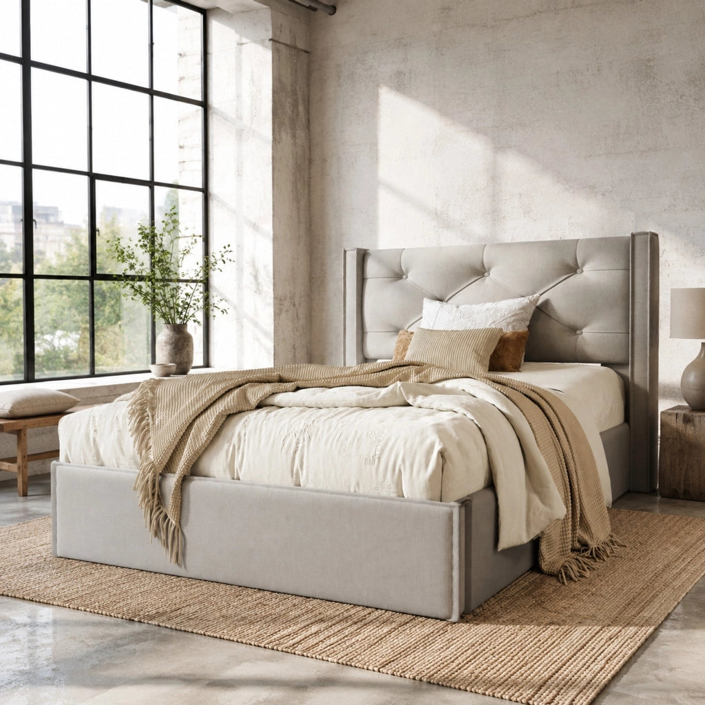 DESMIU Letto contenitore 1 posto con apertura idraulica, 90 × 200 cm, senza materasso, cotone grigio chiaro