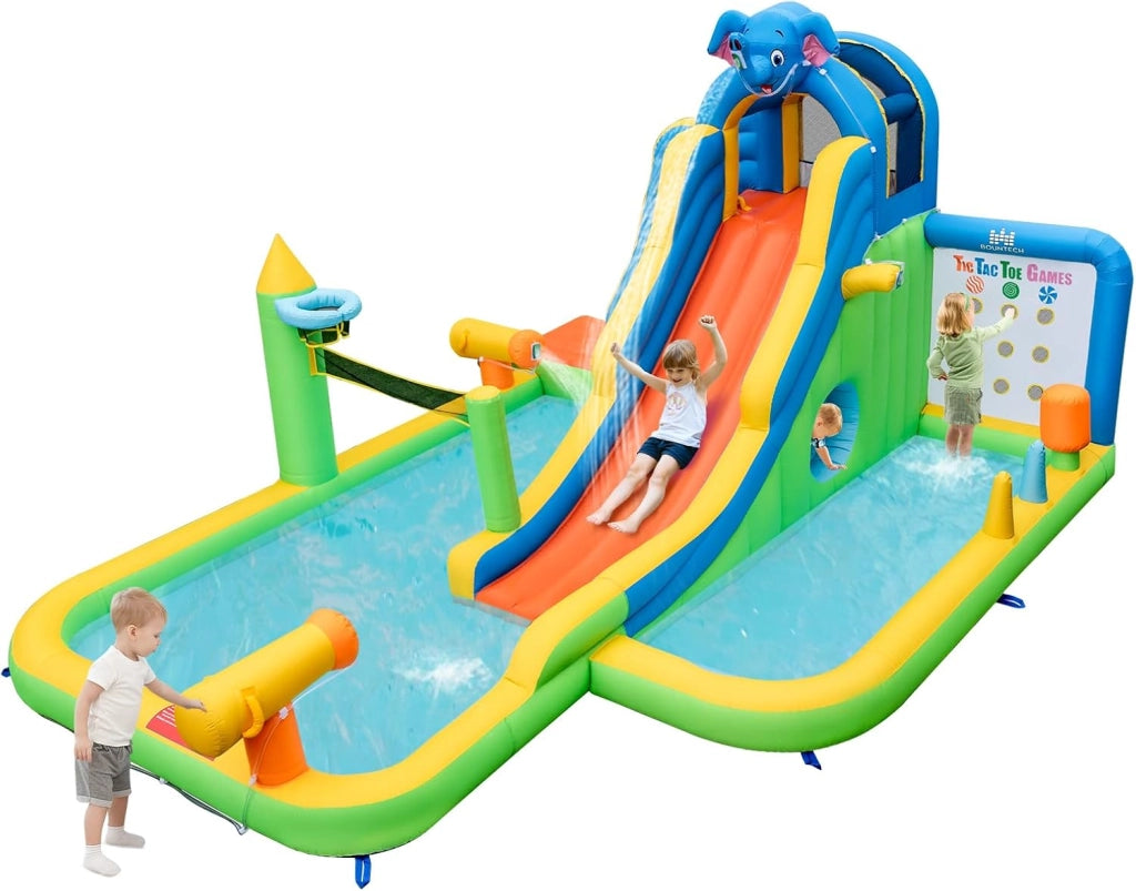 Castello Gonfiabile per Bambini, Casa Gonfiabile con Piscina, Parete da Arrampicata, Cannoni d'Acqua, per 3 Bambini di 3-10 Anni, 378 x 469 x 250 cm