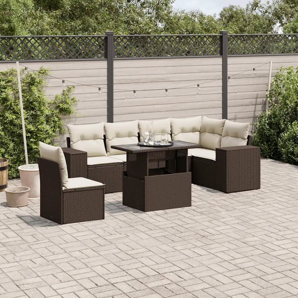 Set Divani da Giardino 7 pz con Cuscini Marrone in Polyrattan