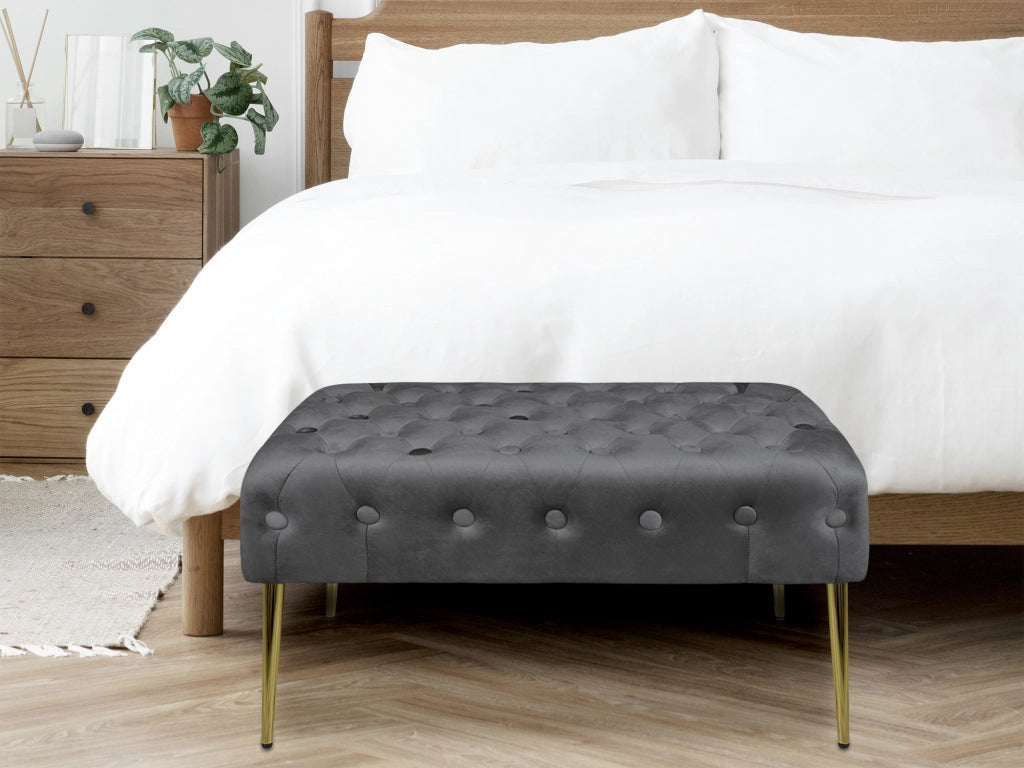 Panca Imbottita Divanetto In Velluto Sgabello A Pie Di Letto Con Gambe In Metallo Dorato Panchina Ingresso Legno Massello Pouf - Stone