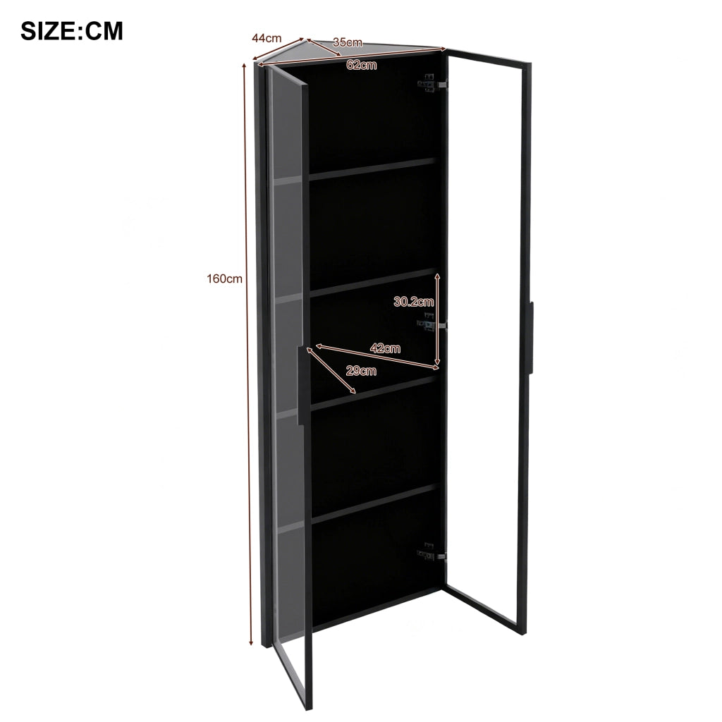 Vetrina ad Angolo con 2 Ante e LED; Stile Moderno; per Soggiorno; in MDF e Vetro Temperato; 62??35??160 cm; Nero